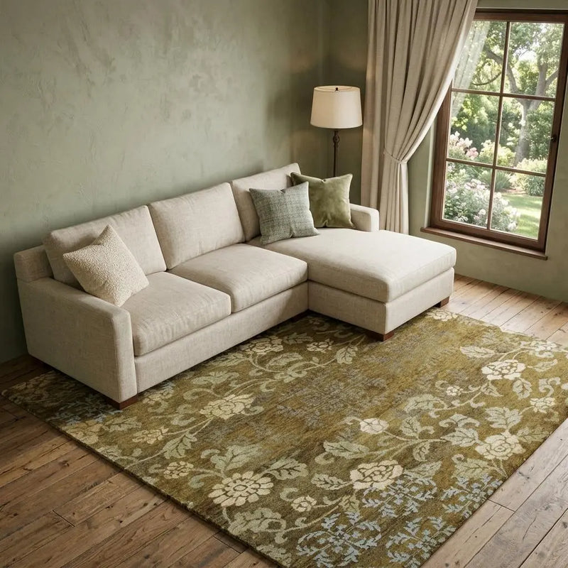 8' X 10' Brown Green And Blue Floral Hand Knotted Area Rug Homeroots Home Decor