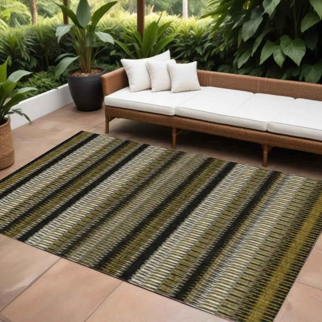 8' X 10' Brown Ivory And Black Striped Washable Indoor Outdoor Area Rug Homeroots Outdoor