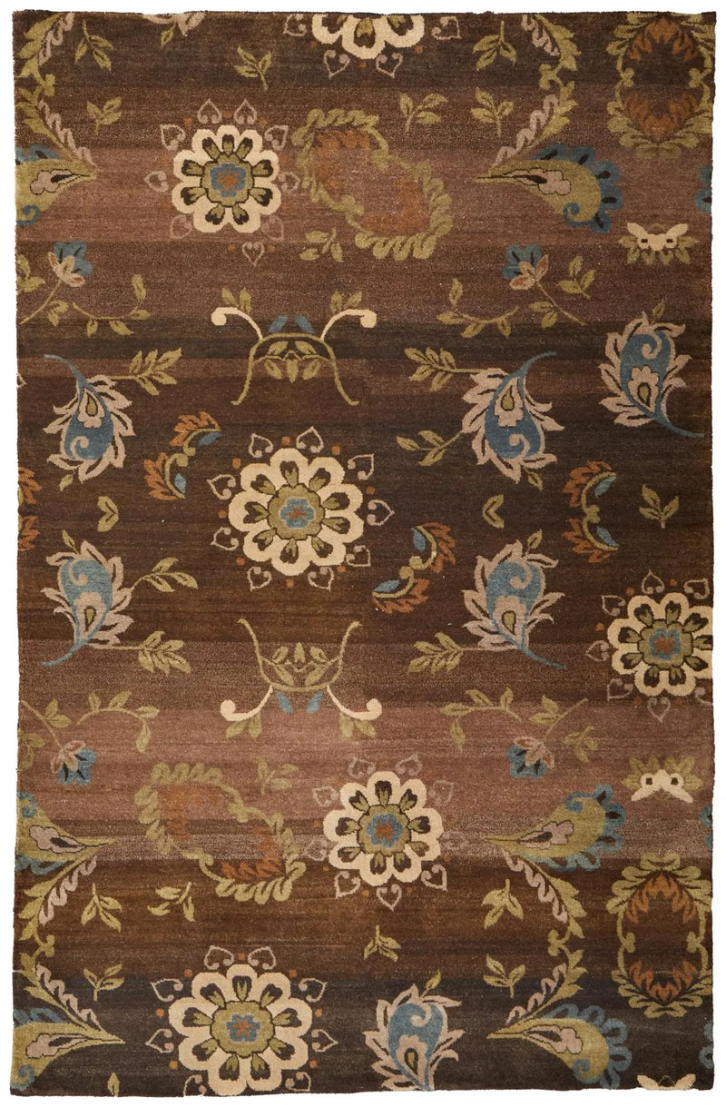 8' X 10' Brown Tan And Green Wool Floral Hand Knotted Area Rug Homeroots Home Decor