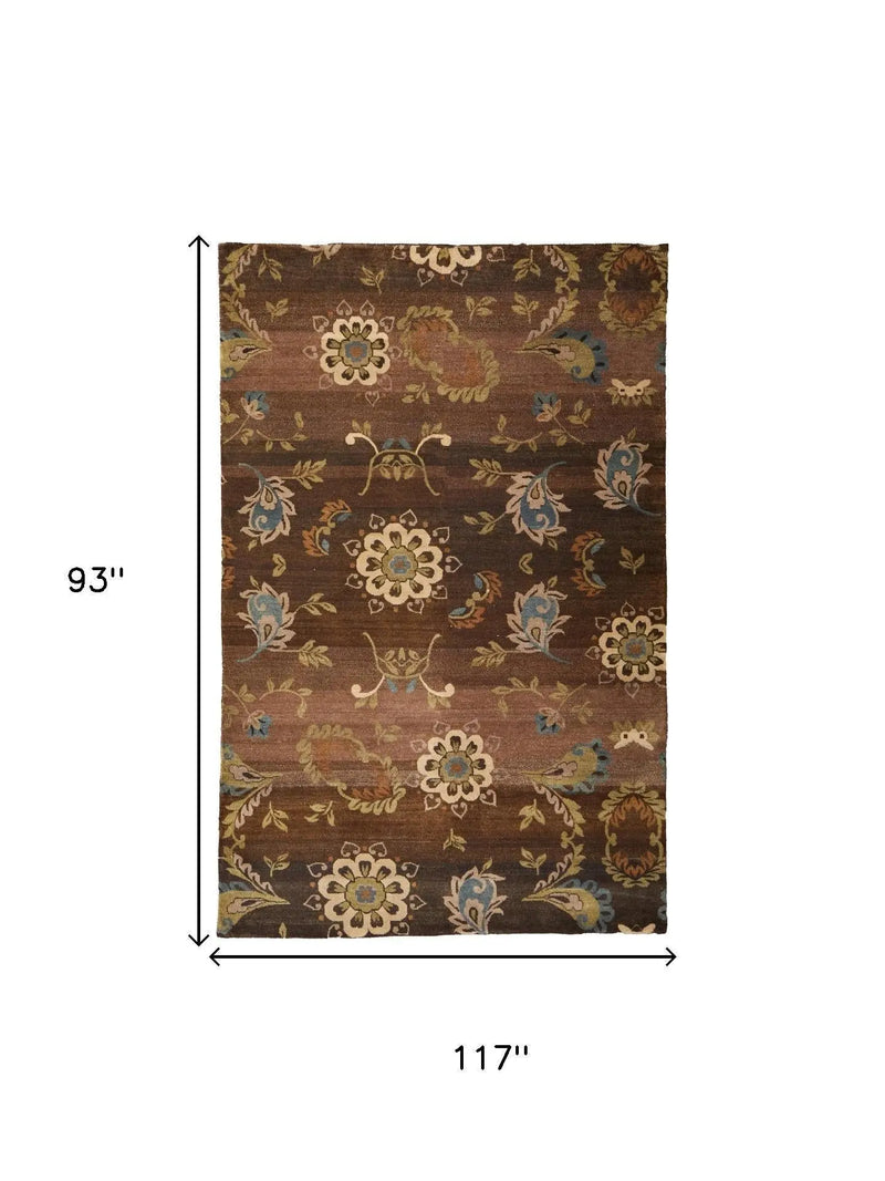 8' X 10' Brown Tan And Green Wool Floral Hand Knotted Area Rug Homeroots Home Decor