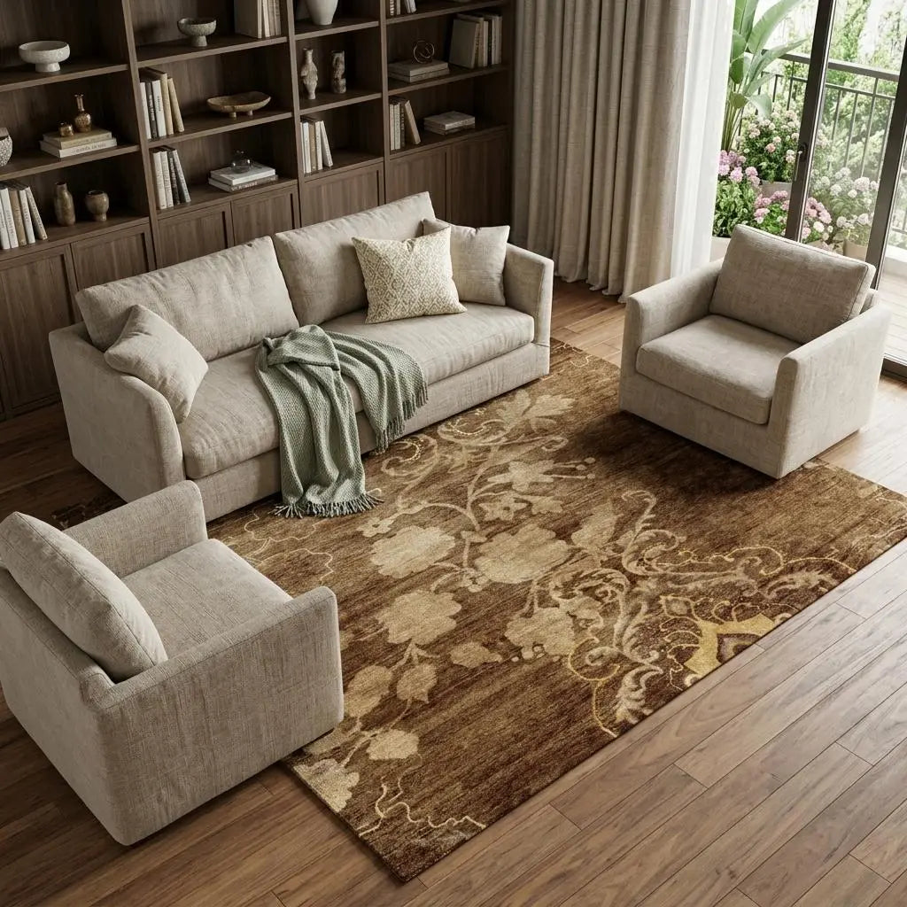 8' X 10' Brown Tan And Ivory Floral Hand Knotted Area Rug Homeroots Home Decor