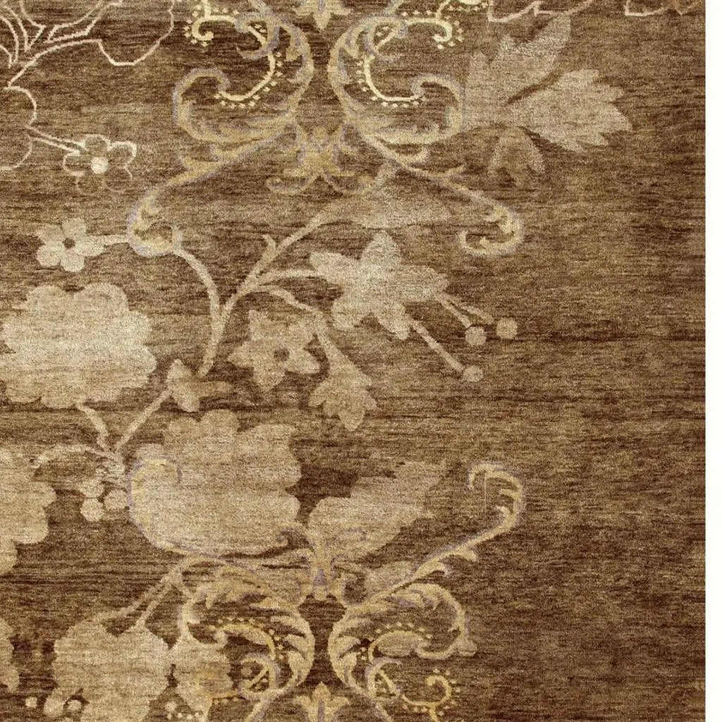 8' X 10' Brown Tan And Ivory Floral Hand Knotted Area Rug Homeroots Home Decor