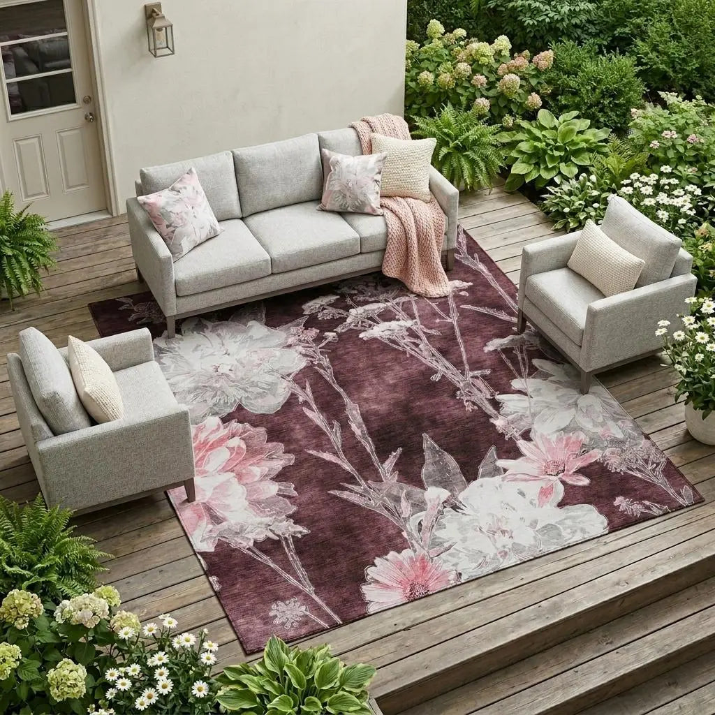 8' X 10' Burgundy And Red Floral Washable Indoor Outdoor Area Rug Homeroots Outdoor