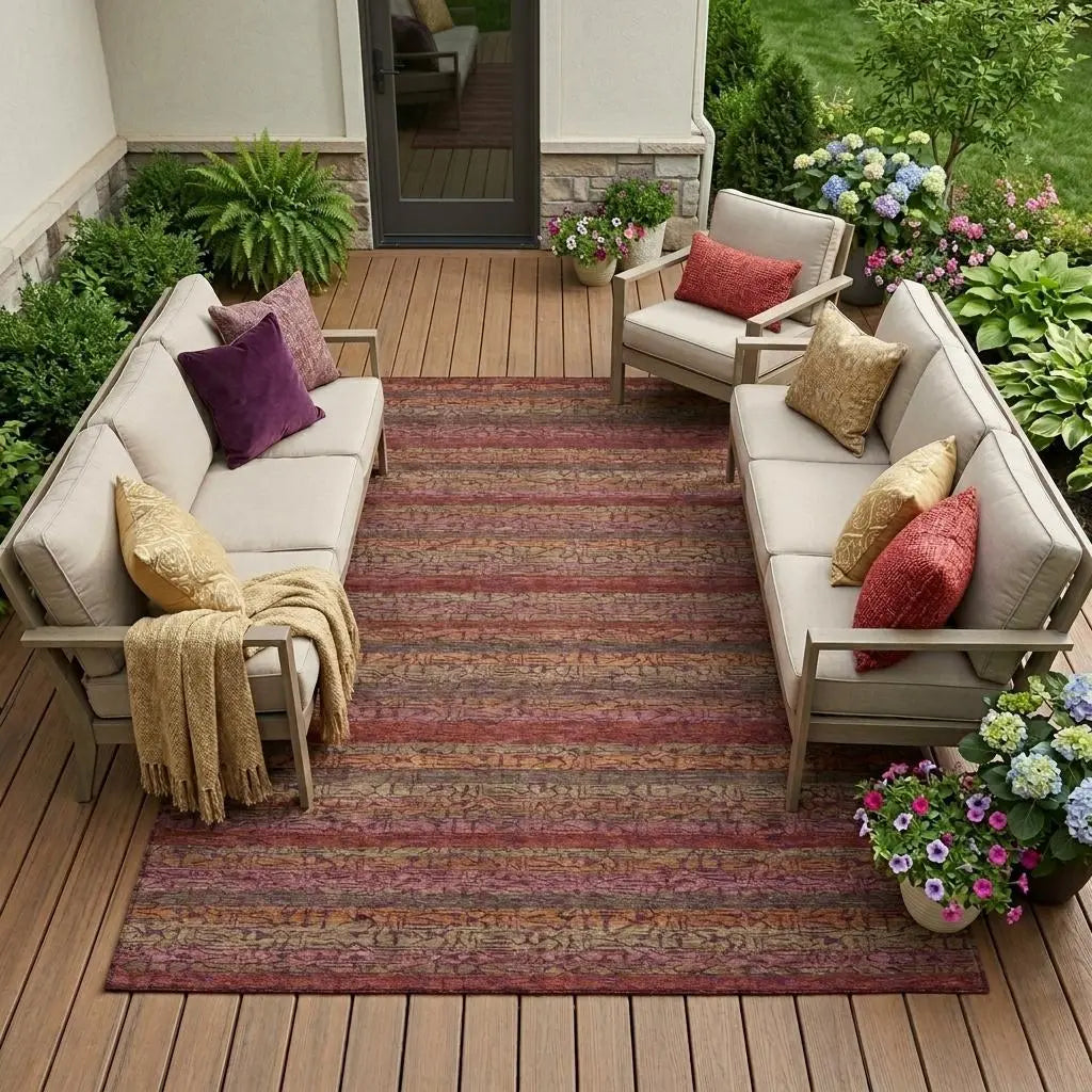 8' X 10' Burgundy And Red Striped Washable Indoor Outdoor Area Rug Homeroots Outdoor