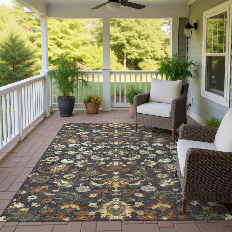 8' X 10' Charcoal And Black Floral Medallion Washable Indoor Outdoor Area Rug Homeroots Outdoor