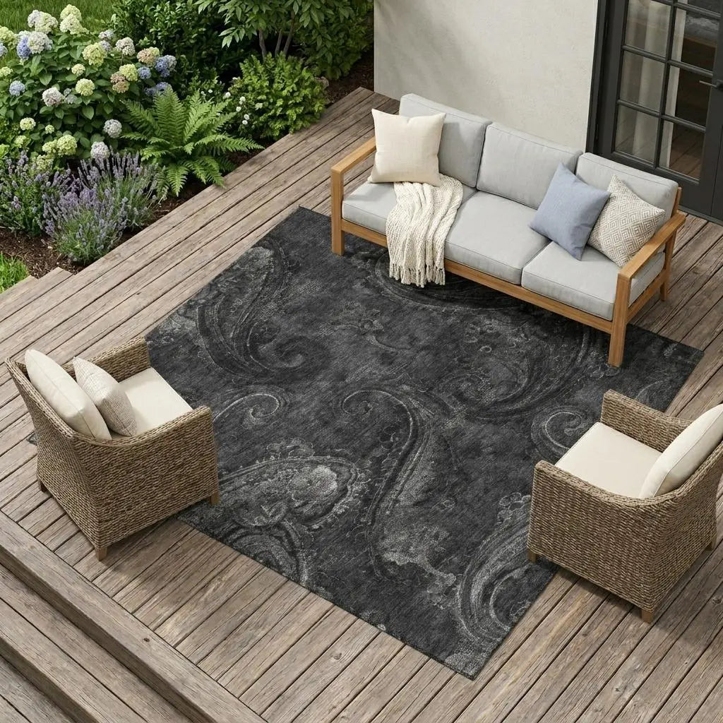 8' X 10' Charcoal And Gray Paisley Washable Indoor Outdoor Area Rug Homeroots Outdoor