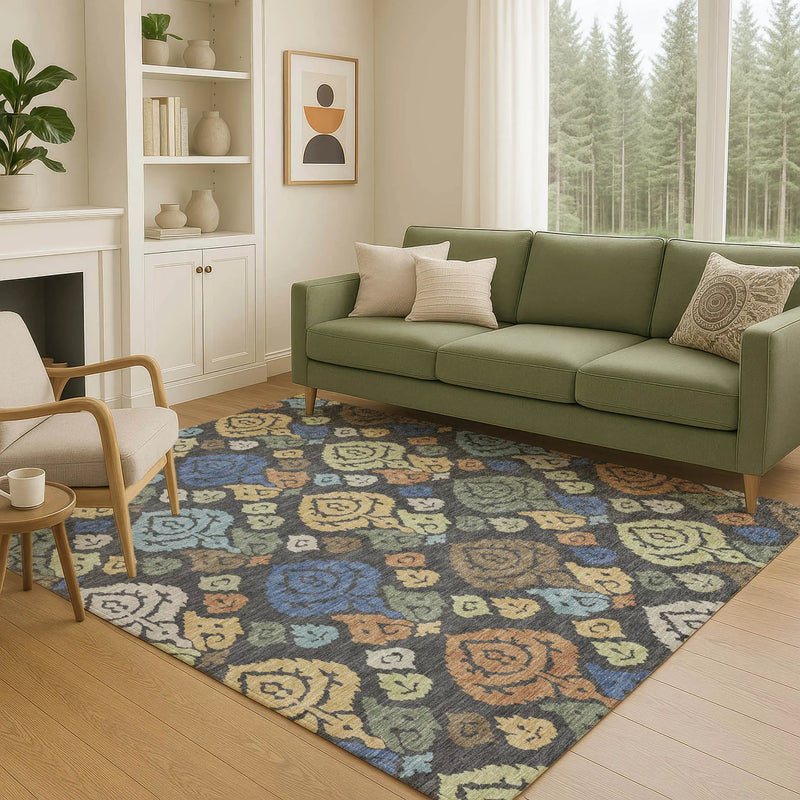 8' X 10' Charcoal And Green Damask Washable Indoor Outdoor Area Rug Homeroots Outdoor