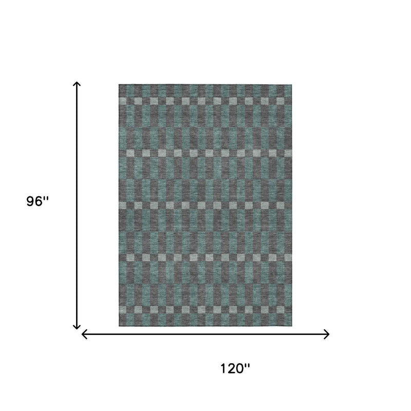 8' X 10' Charcoal And Teal Blue Geometric Washable Indoor Outdoor Area Rug Homeroots Outdoor