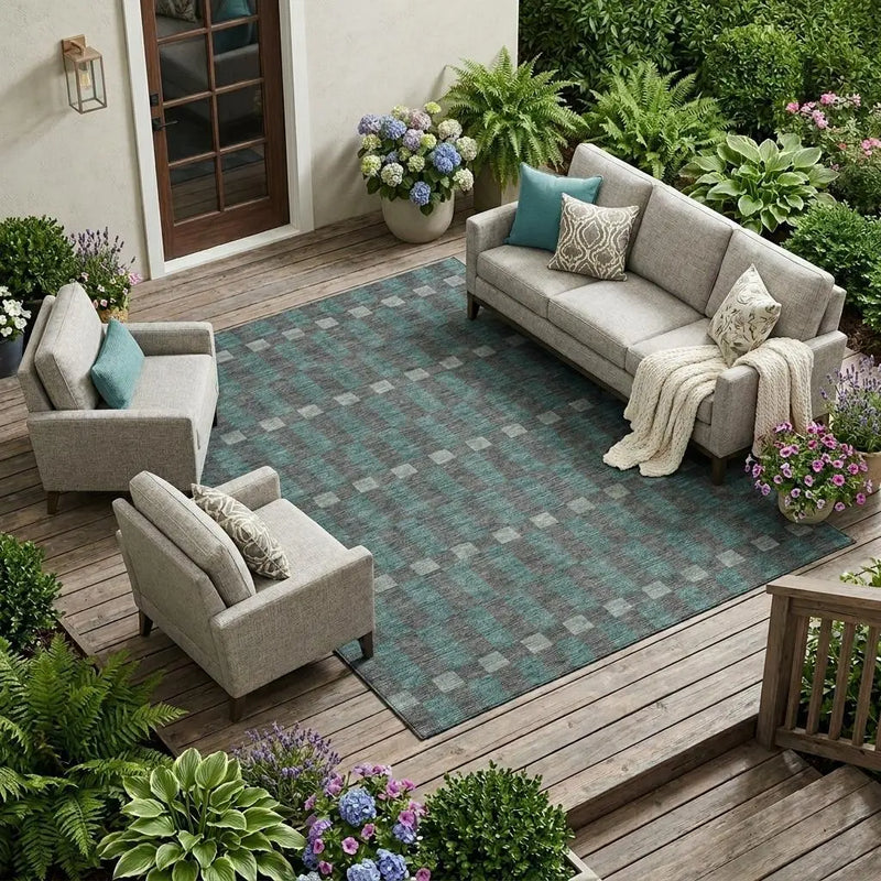 8' X 10' Charcoal And Teal Blue Geometric Washable Indoor Outdoor Area Rug Homeroots Outdoor