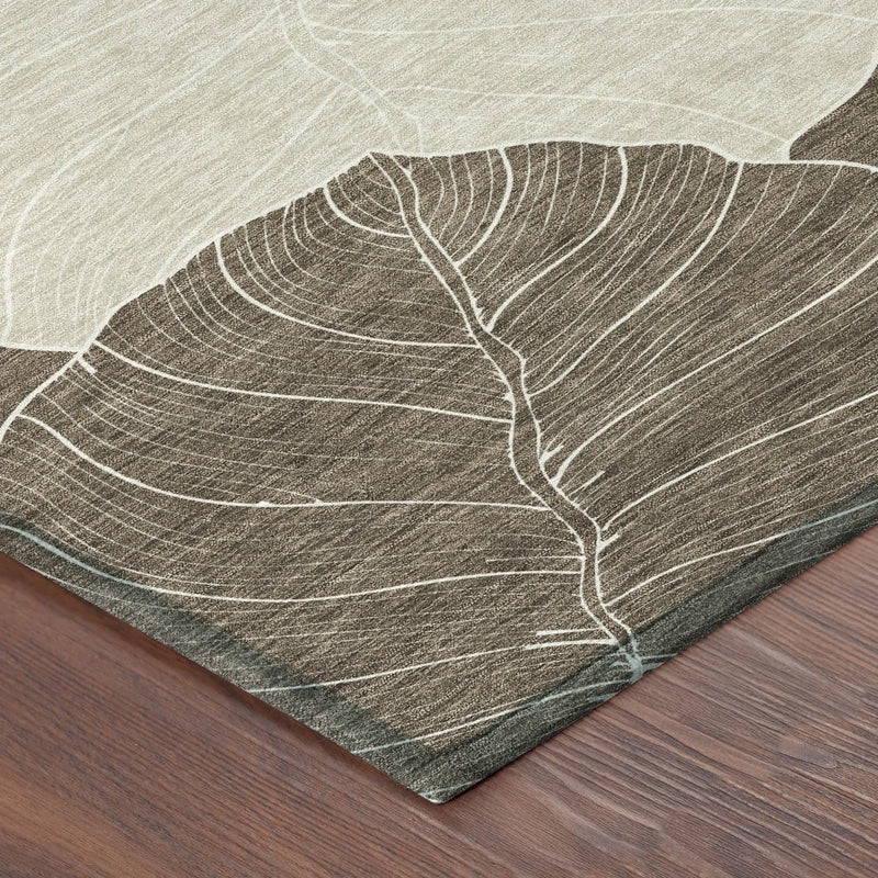 Beige and brown leaf design area rug, woven fabric, contemporary style, perfect for modern living spaces.