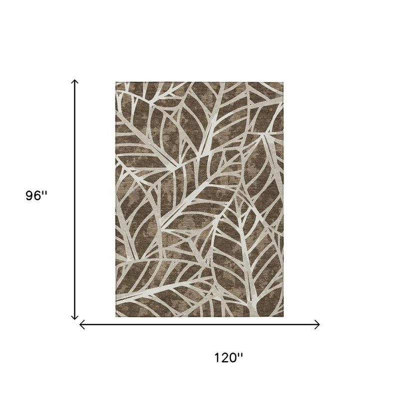 8' X 10' Chocolate And Brown Botanical Leaves Washable Indoor Outdoor Area Rug Homeroots Outdoor