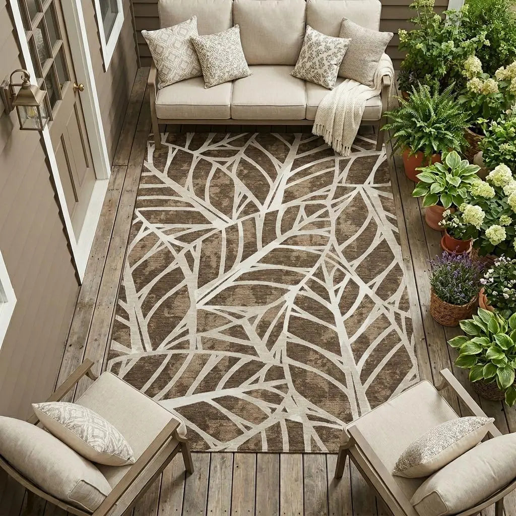 8' X 10' Chocolate And Brown Botanical Leaves Washable Indoor Outdoor Area Rug Homeroots Outdoor