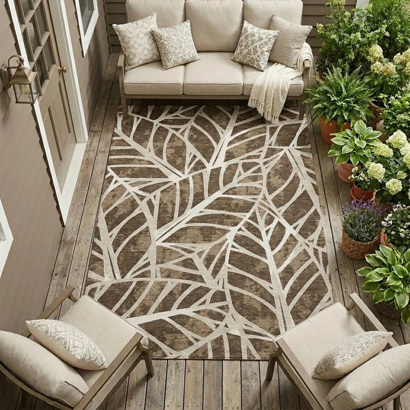 8' X 10' Chocolate And Brown Botanical Leaves Washable Indoor Outdoor Area Rug Homeroots Outdoor