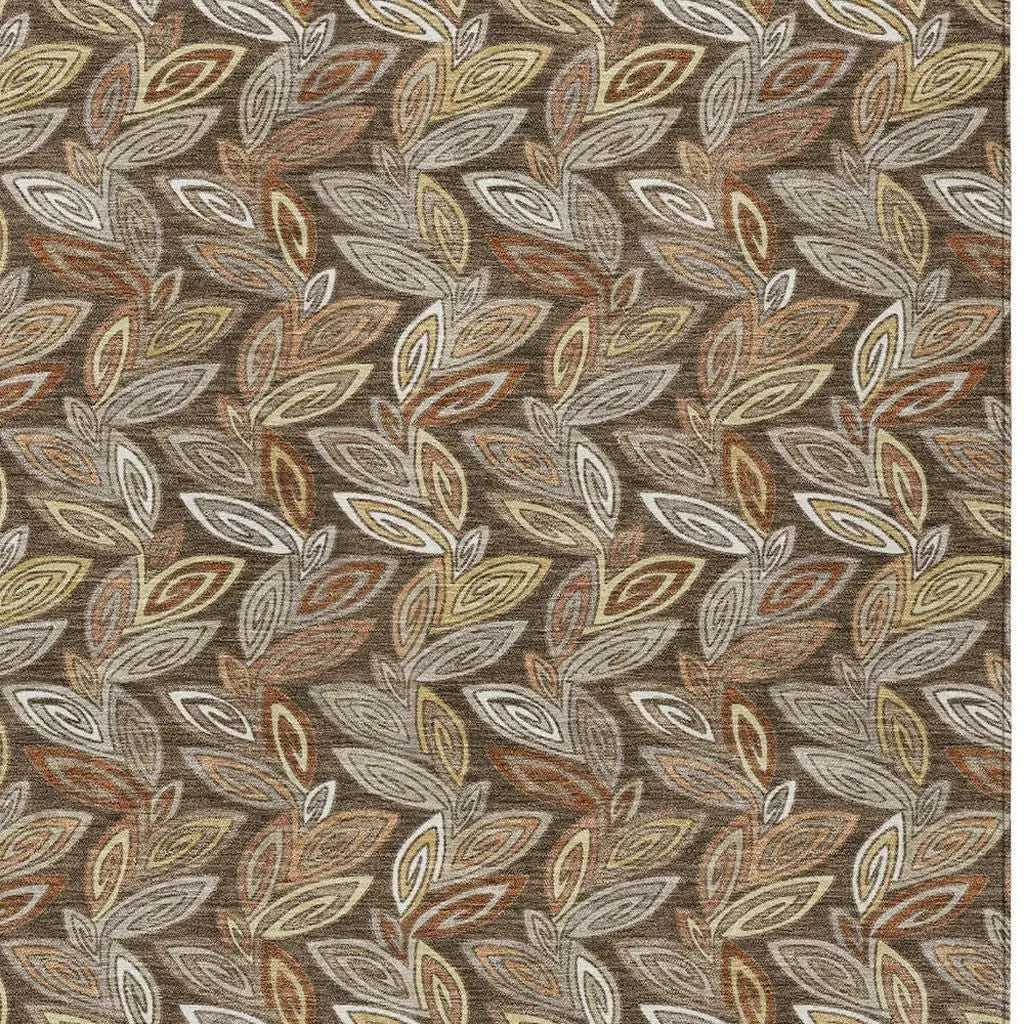8' X 10' Chocolate And Brown Botanical Leaves Washable Indoor Outdoor Area Rug Homeroots Outdoor