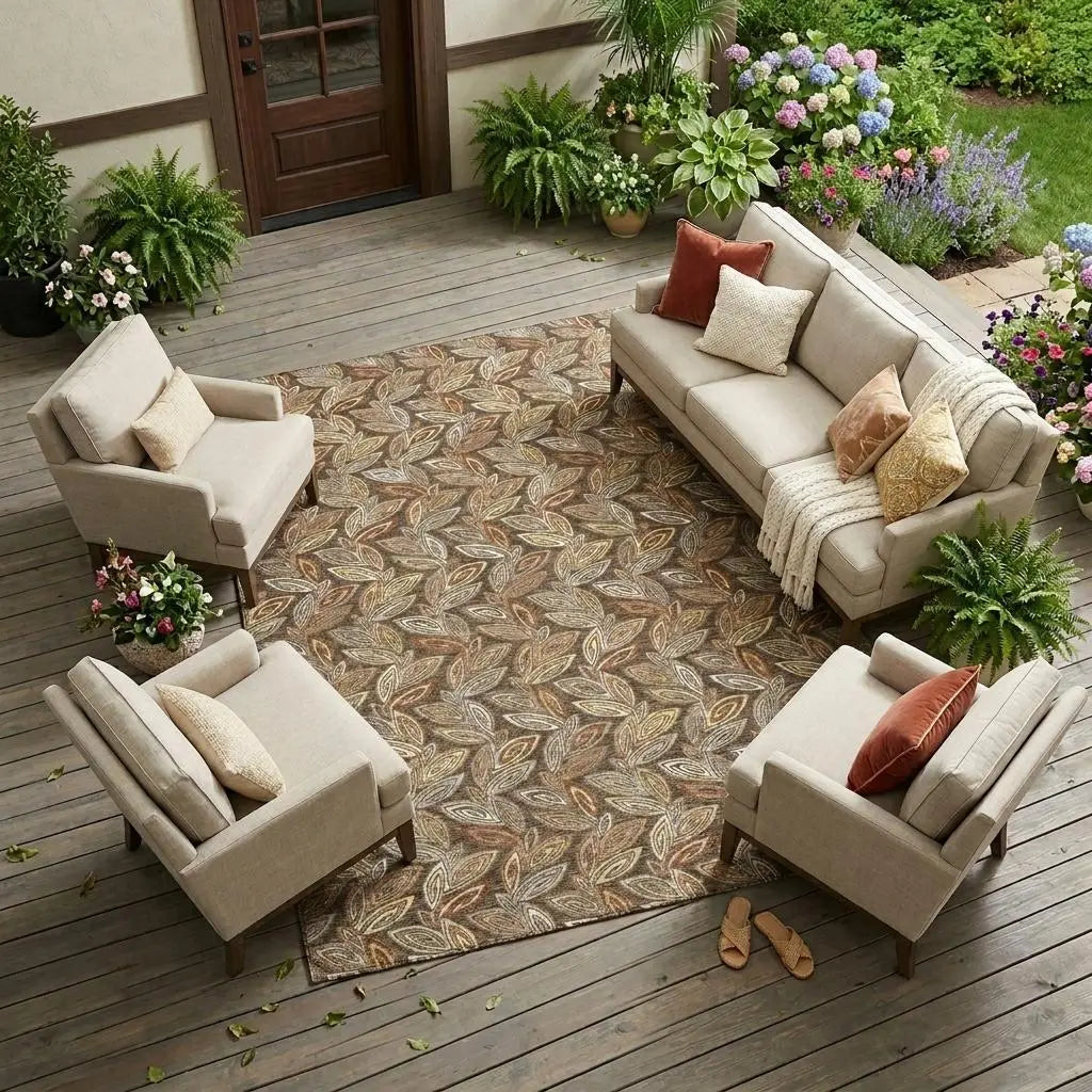8' X 10' Chocolate And Brown Botanical Leaves Washable Indoor Outdoor Area Rug Homeroots Outdoor