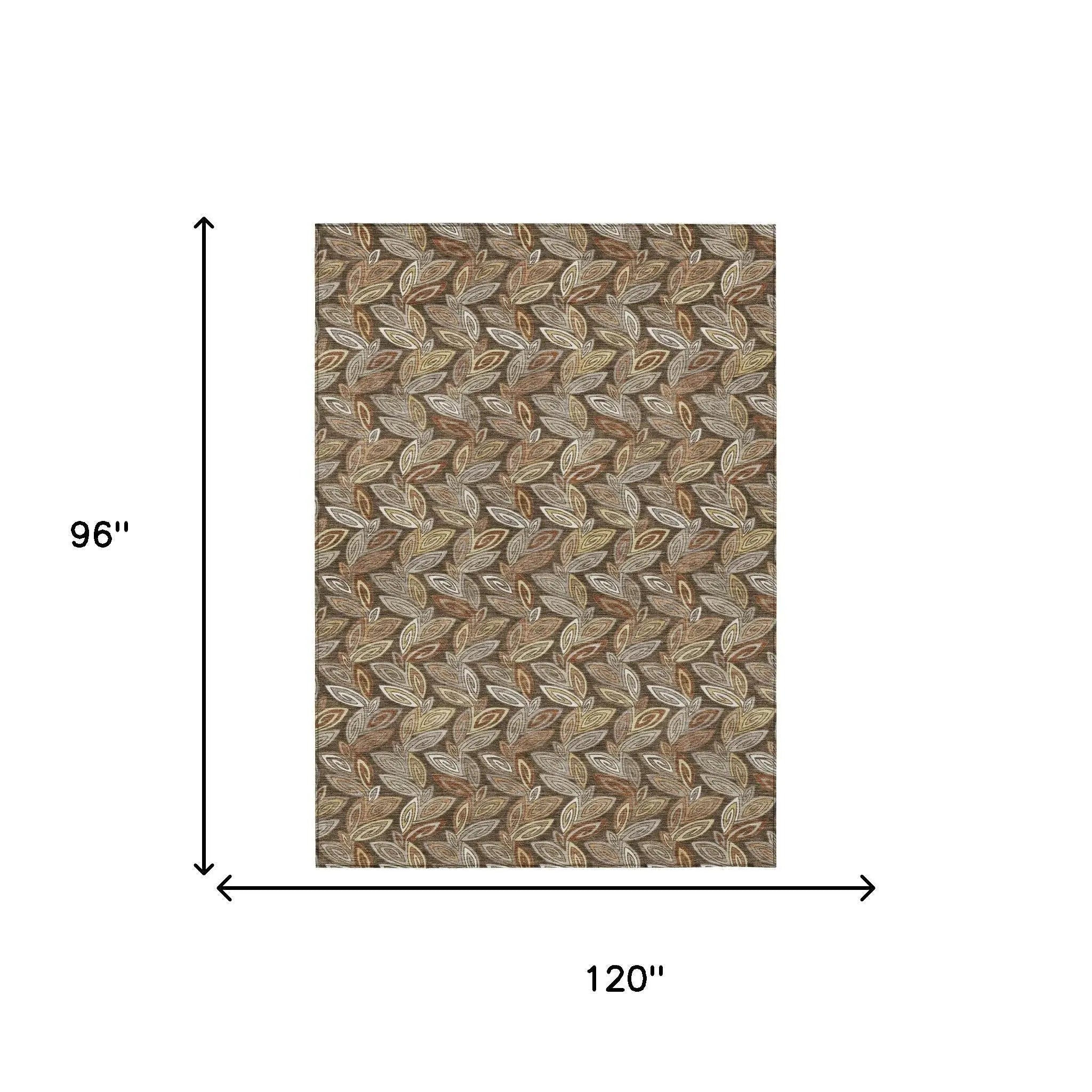 8' X 10' Chocolate And Brown Botanical Leaves Washable Indoor Outdoor Area Rug Homeroots Outdoor