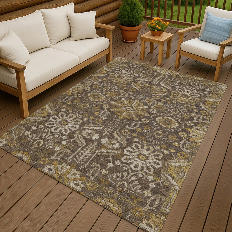 8' X 10' Chocolate And Brown Damask Washable Indoor Outdoor Area Rug Homeroots Outdoor
