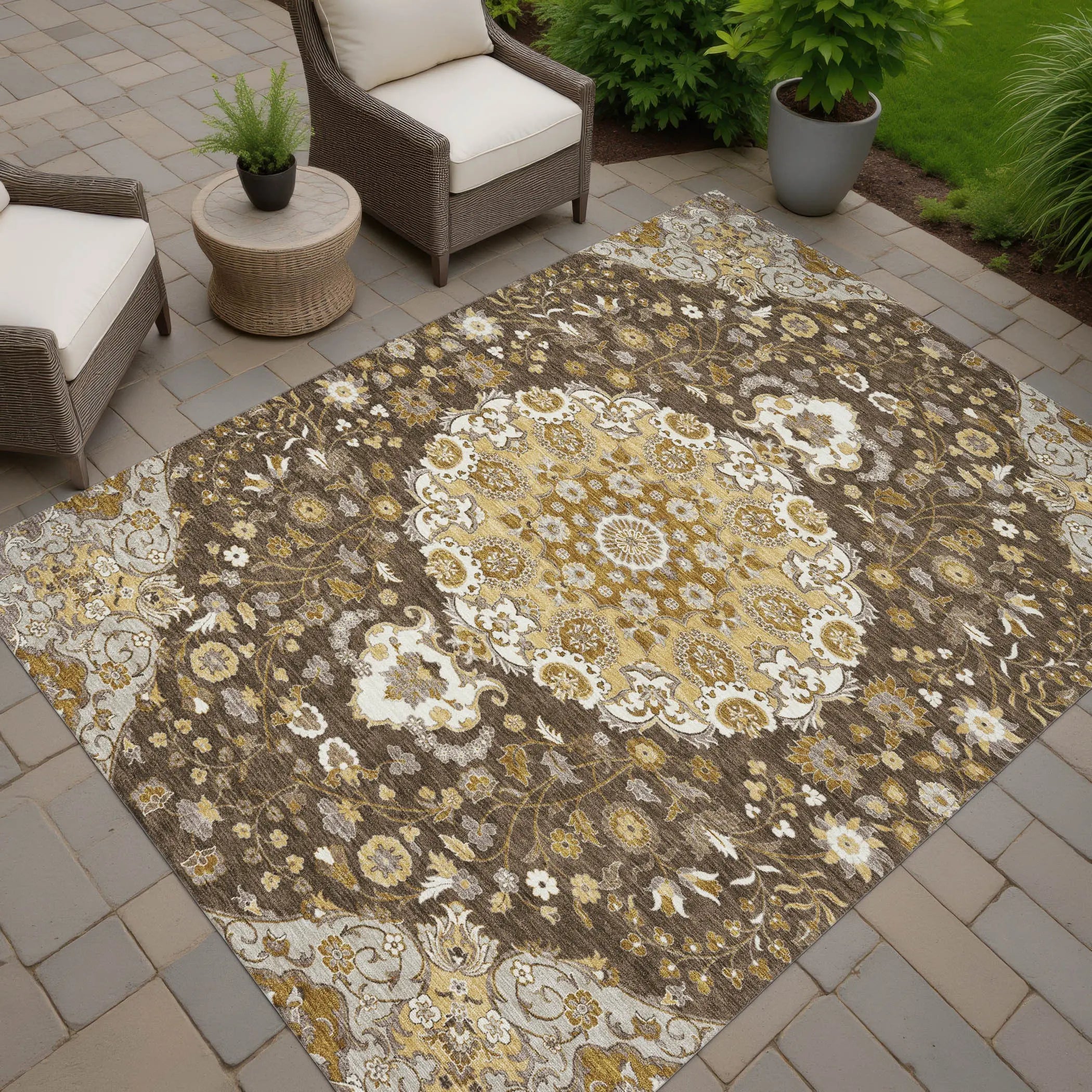 8' X 10' Chocolate And Brown Damask Washable Indoor Outdoor Area Rug Homeroots Outdoor
