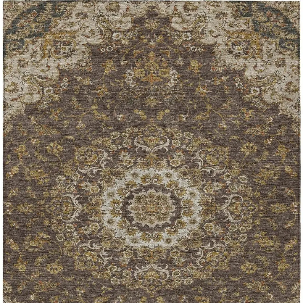 8' X 10' Chocolate And Brown Floral Medallion Washable Indoor Outdoor Area Rug Homeroots Outdoor