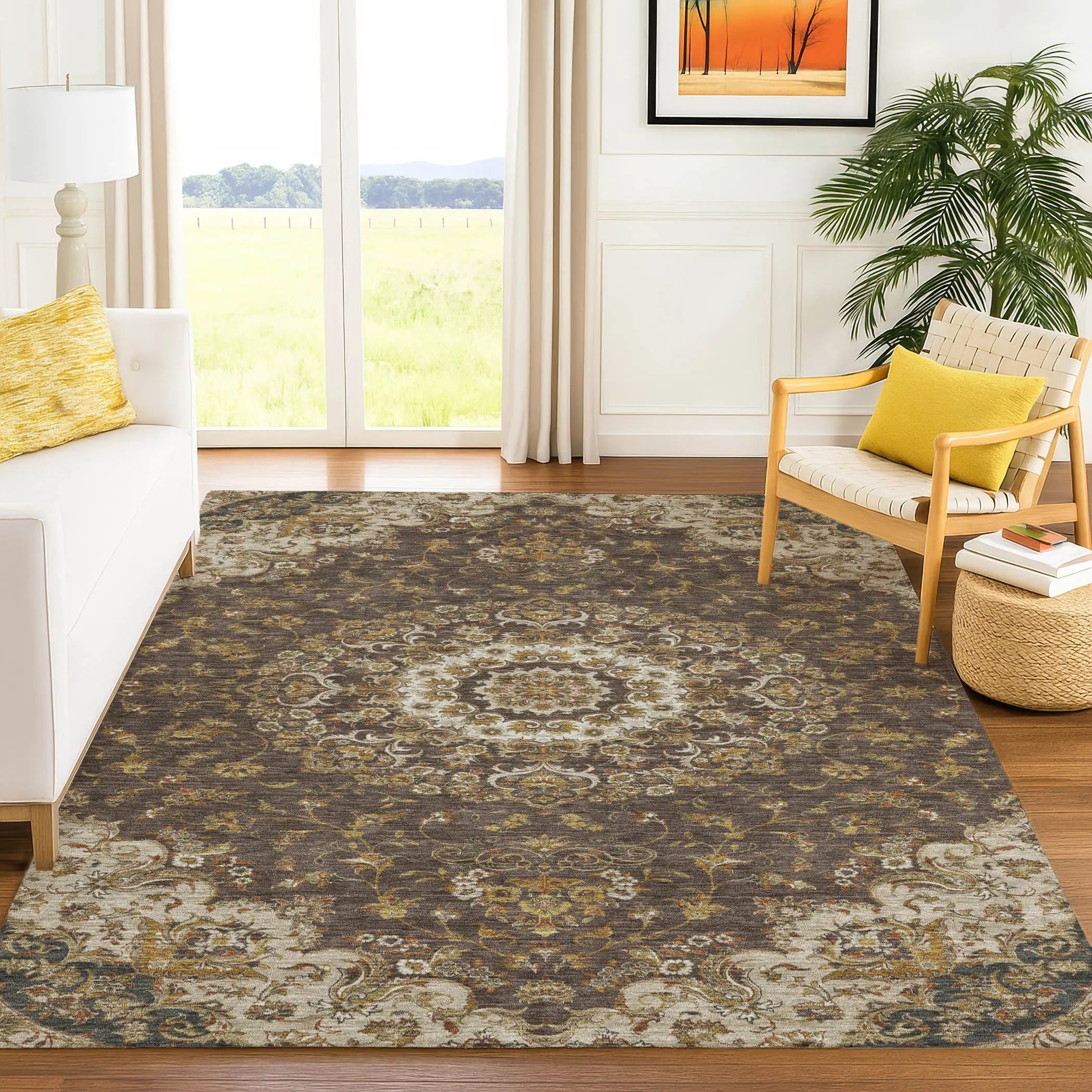 8' X 10' Chocolate And Brown Floral Medallion Washable Indoor Outdoor Area Rug Homeroots Outdoor