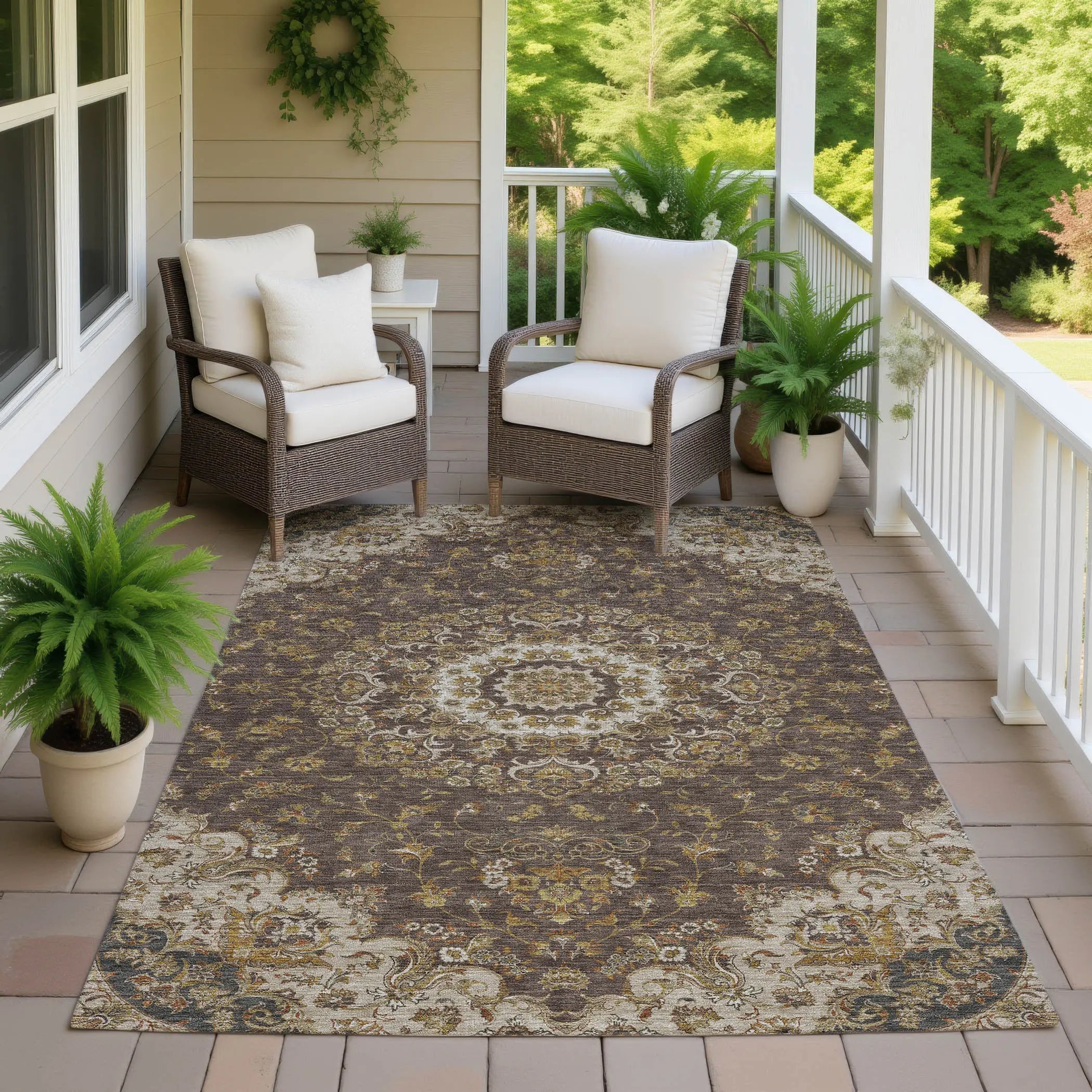 8' X 10' Chocolate And Brown Floral Medallion Washable Indoor Outdoor Area Rug Homeroots Outdoor