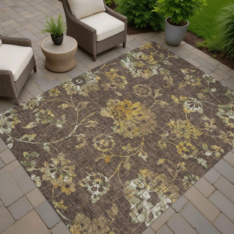 8' X 10' Chocolate And Brown Floral Washable Indoor Outdoor Area Rug Homeroots Outdoor