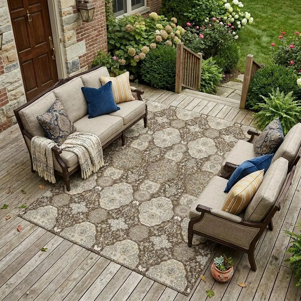 8' X 10' Chocolate And Brown Floral Washable Indoor Outdoor Area Rug Homeroots Outdoor