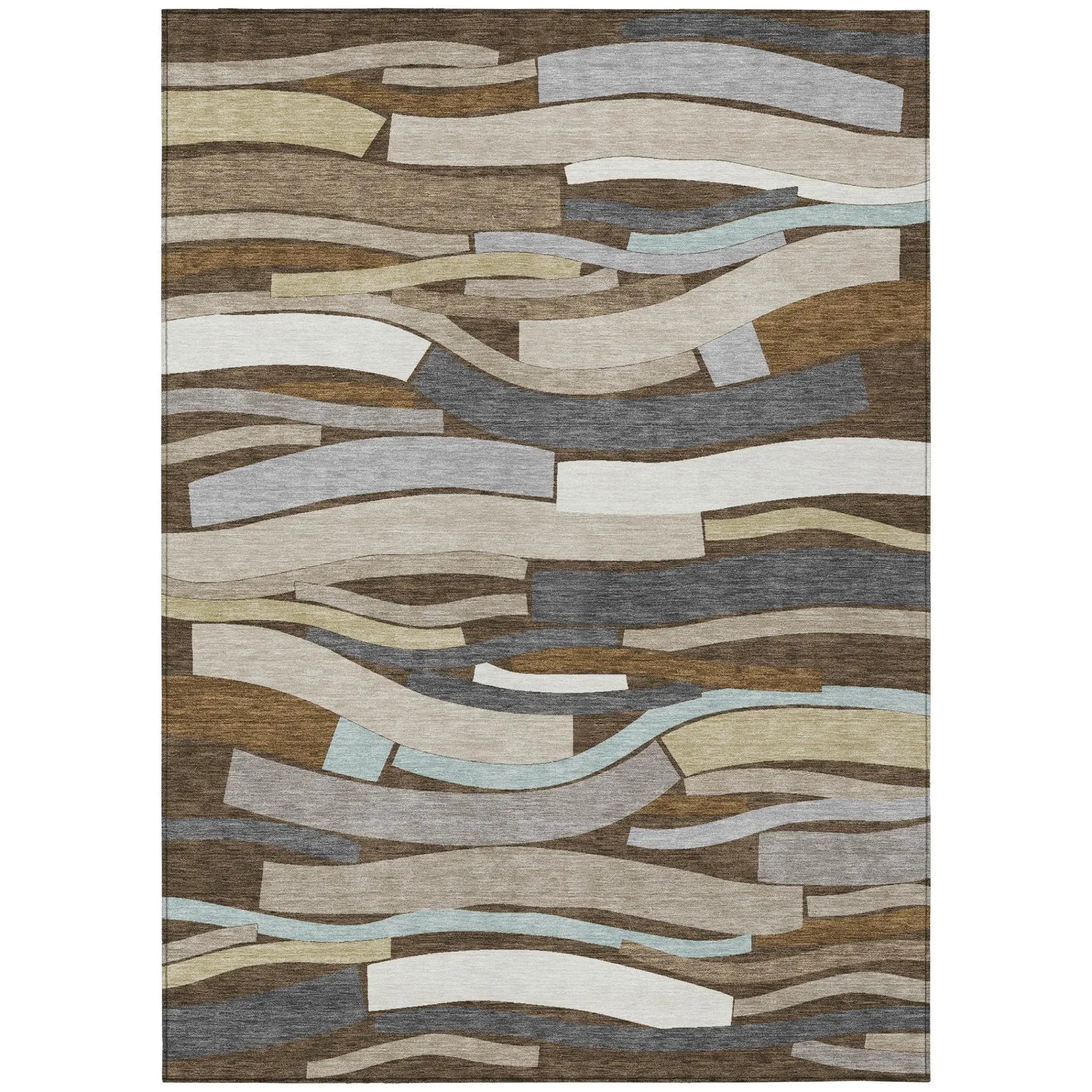 Multicolored abstract area rug with wavy patterns in beige, blue, and brown, crafted from soft polypropylene material.
