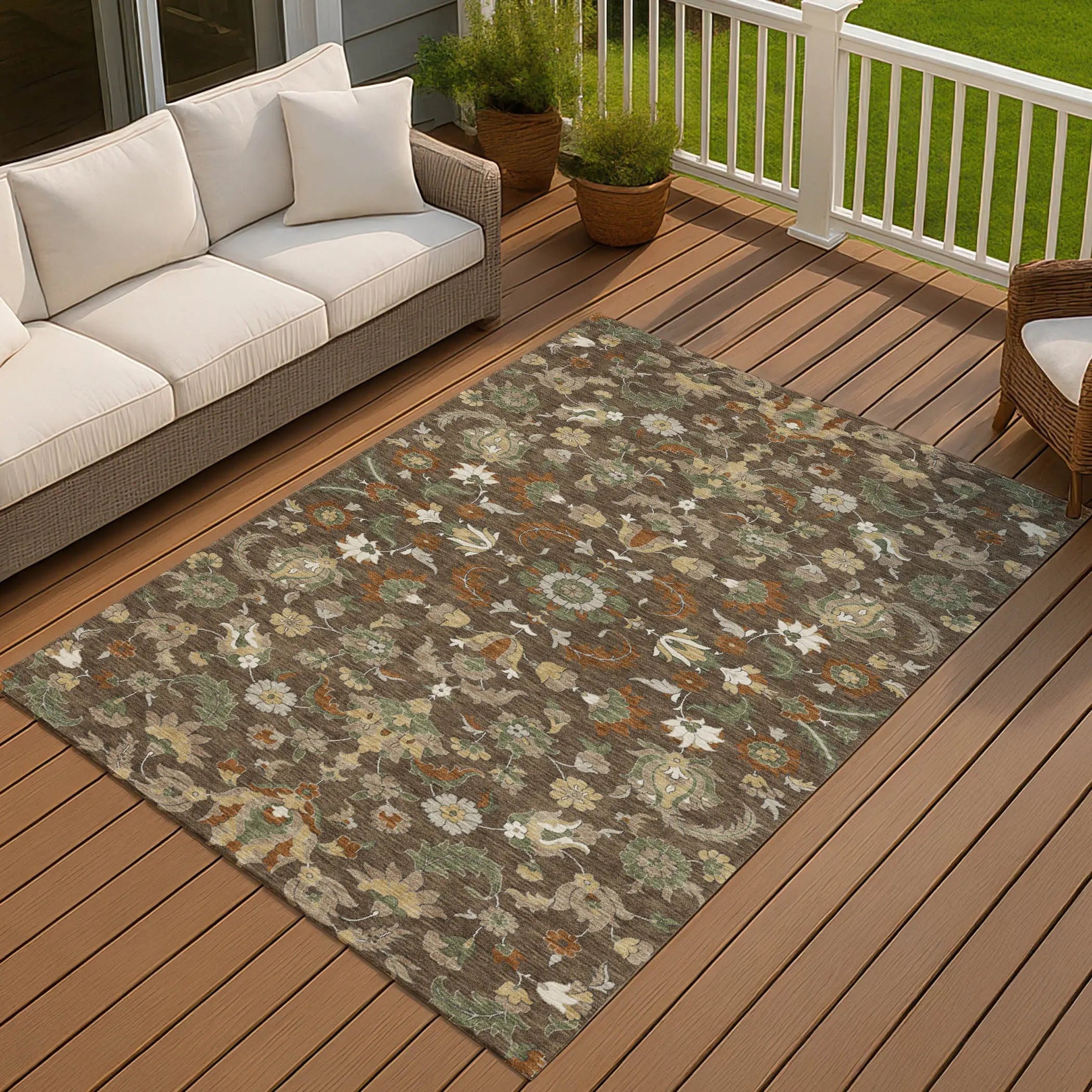 8' X 10' Chocolate And Charcoal Floral Medallion Washable Indoor Outdoor Area Rug Homeroots Outdoor