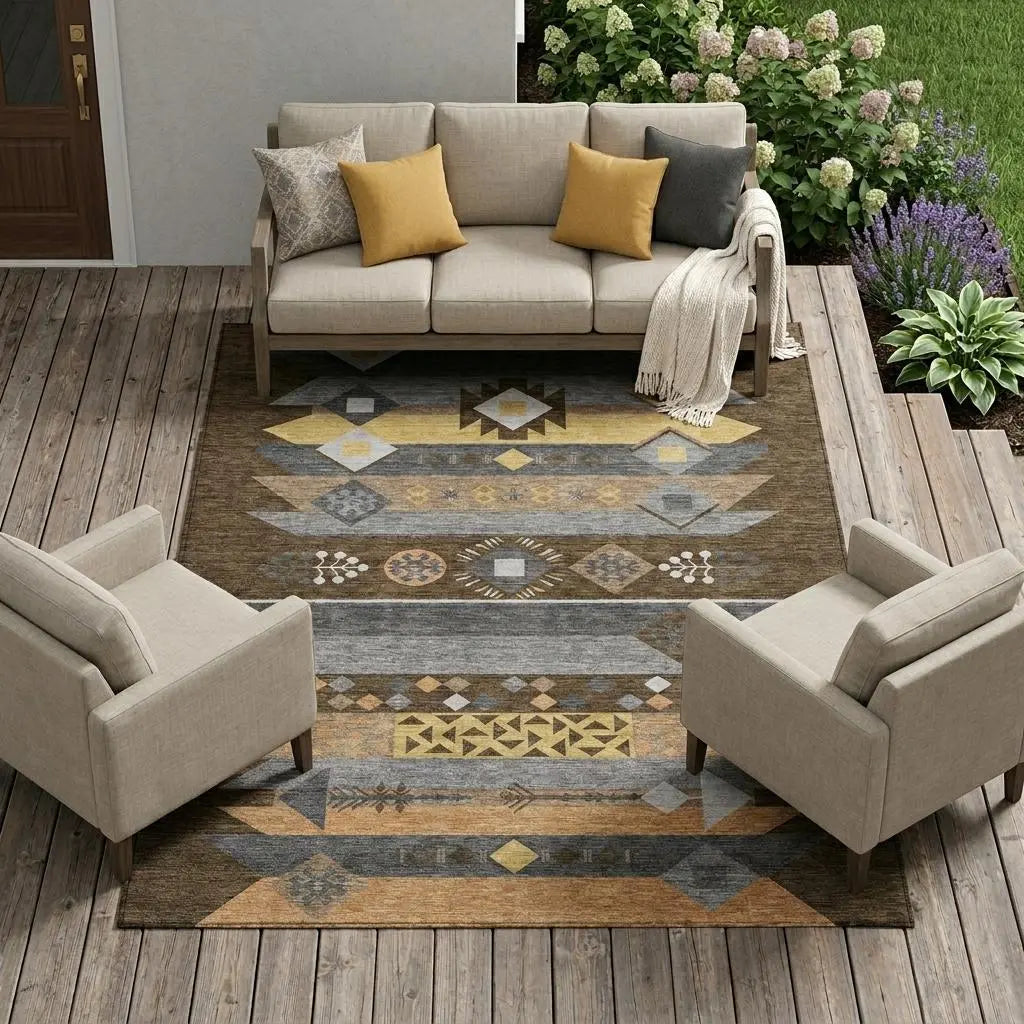 8' X 10' Chocolate And Copper Geometric Washable Indoor Outdoor Area Rug Homeroots Outdoor