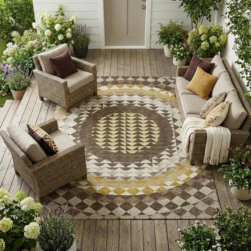 8' X 10' Chocolate And Green Geometric Washable Indoor Outdoor Area Rug Homeroots Outdoor