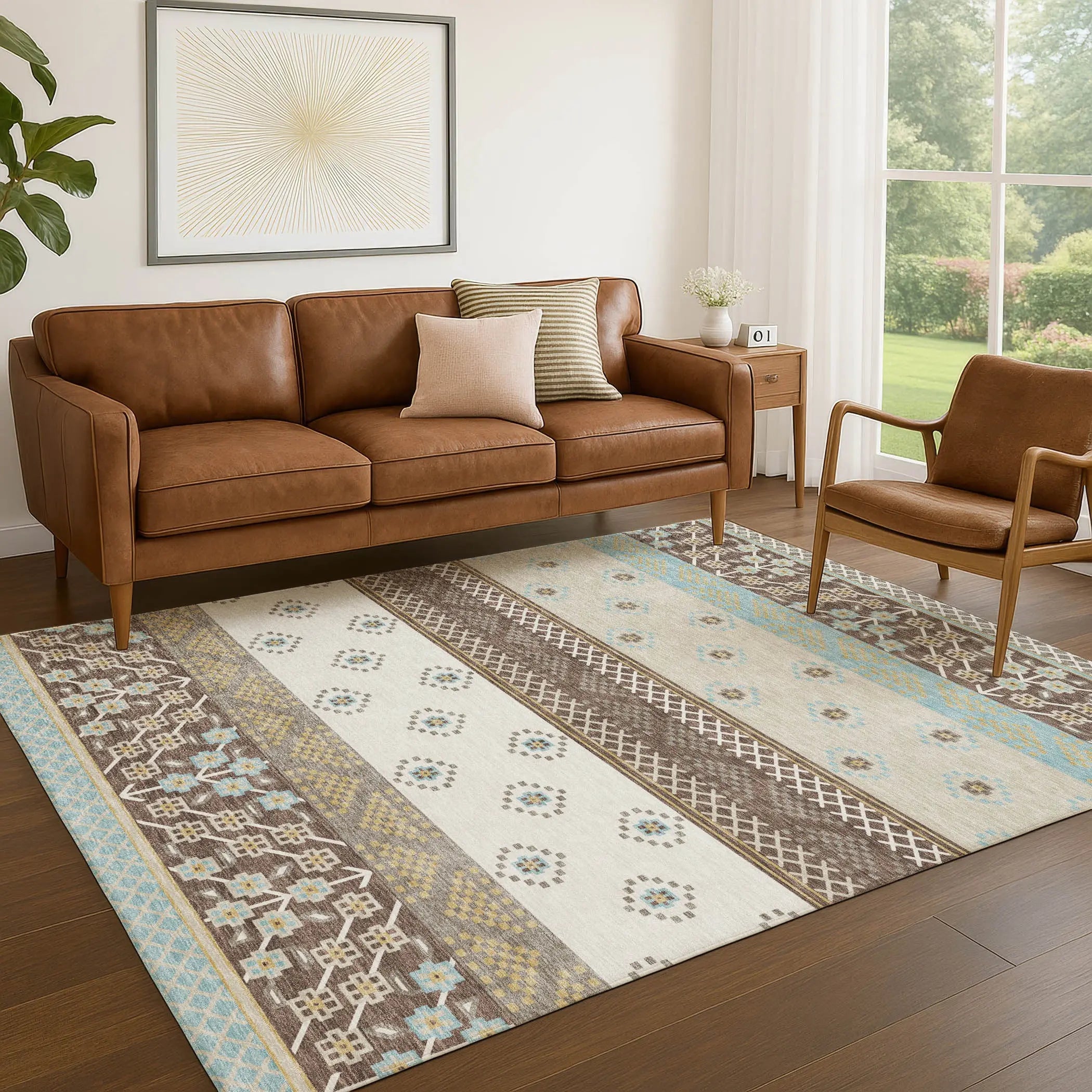 8' X 10' Chocolate And Green Striped Washable Indoor Outdoor Area Rug Homeroots Outdoor