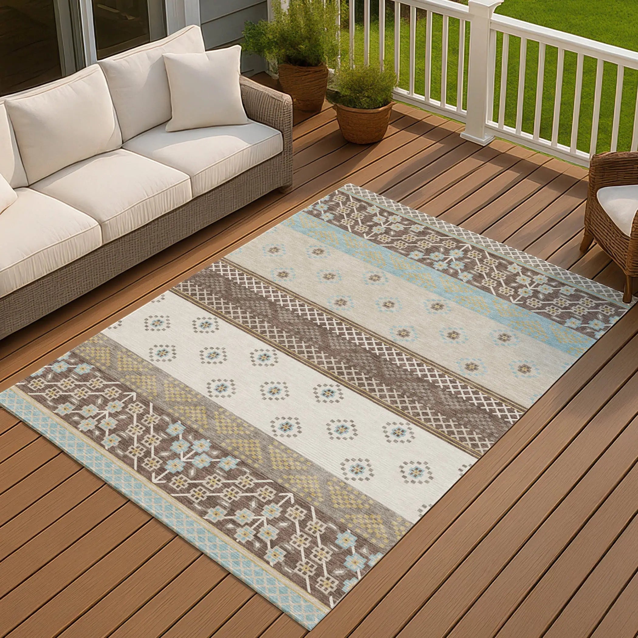 8' X 10' Chocolate And Green Striped Washable Indoor Outdoor Area Rug Homeroots Outdoor