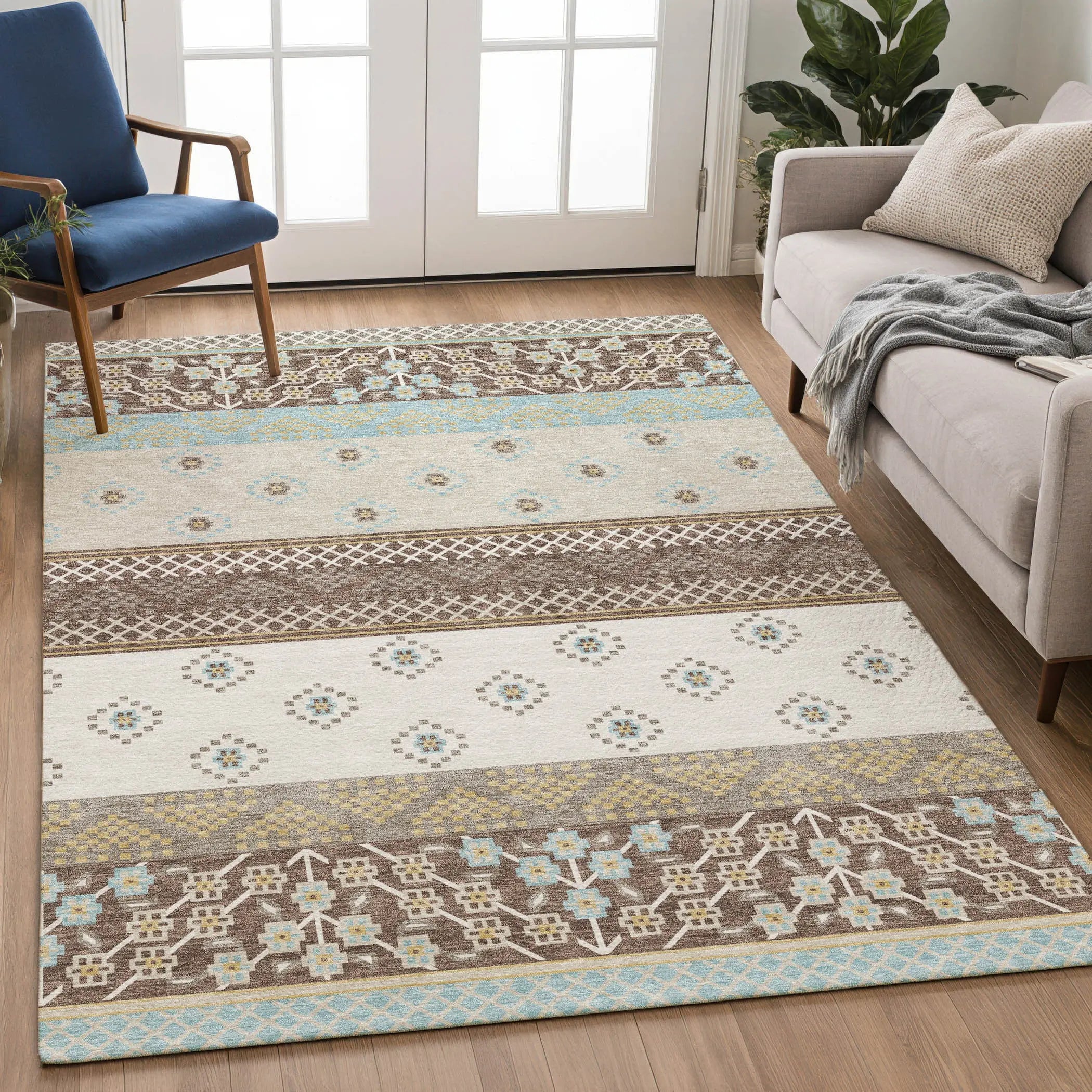 8' X 10' Chocolate And Green Striped Washable Indoor Outdoor Area Rug Homeroots Outdoor