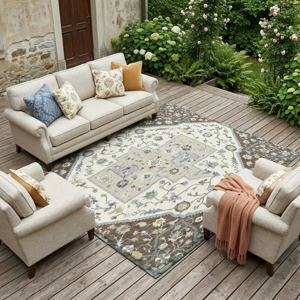 8' X 10' Chocolate And Ivory Floral Medallion Washable Indoor Outdoor Area Rug Homeroots Outdoor
