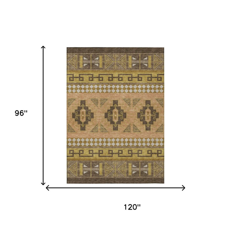 8' X 10' Chocolate And Olive Green Tribal Washable Indoor Outdoor Area Rug Homeroots Outdoor