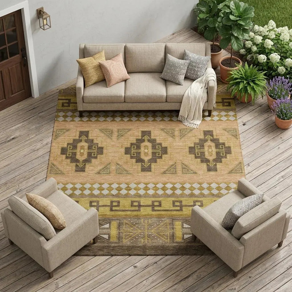 8' X 10' Chocolate And Olive Green Tribal Washable Indoor Outdoor Area Rug Homeroots Outdoor