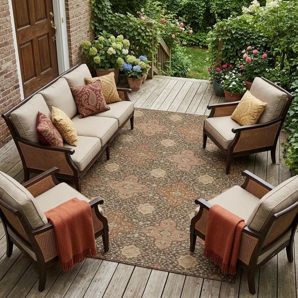 8' X 10' Chocolate And Orange Damask Washable Indoor Outdoor Area Rug Homeroots Outdoor