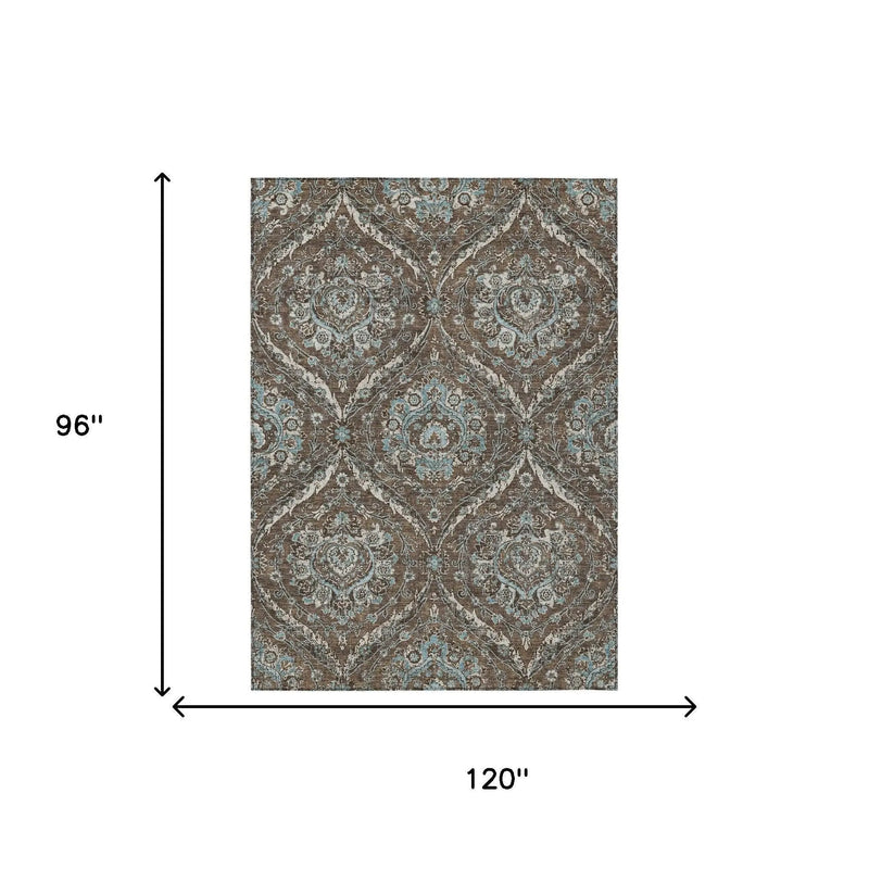 8' X 10' Chocolate And Silver Floral Washable Indoor Outdoor Area Rug Homeroots Outdoor