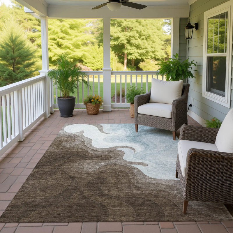 8' X 10' Chocolate And Sky Blue Abstract Washable Indoor Outdoor Area Rug Homeroots Outdoor
