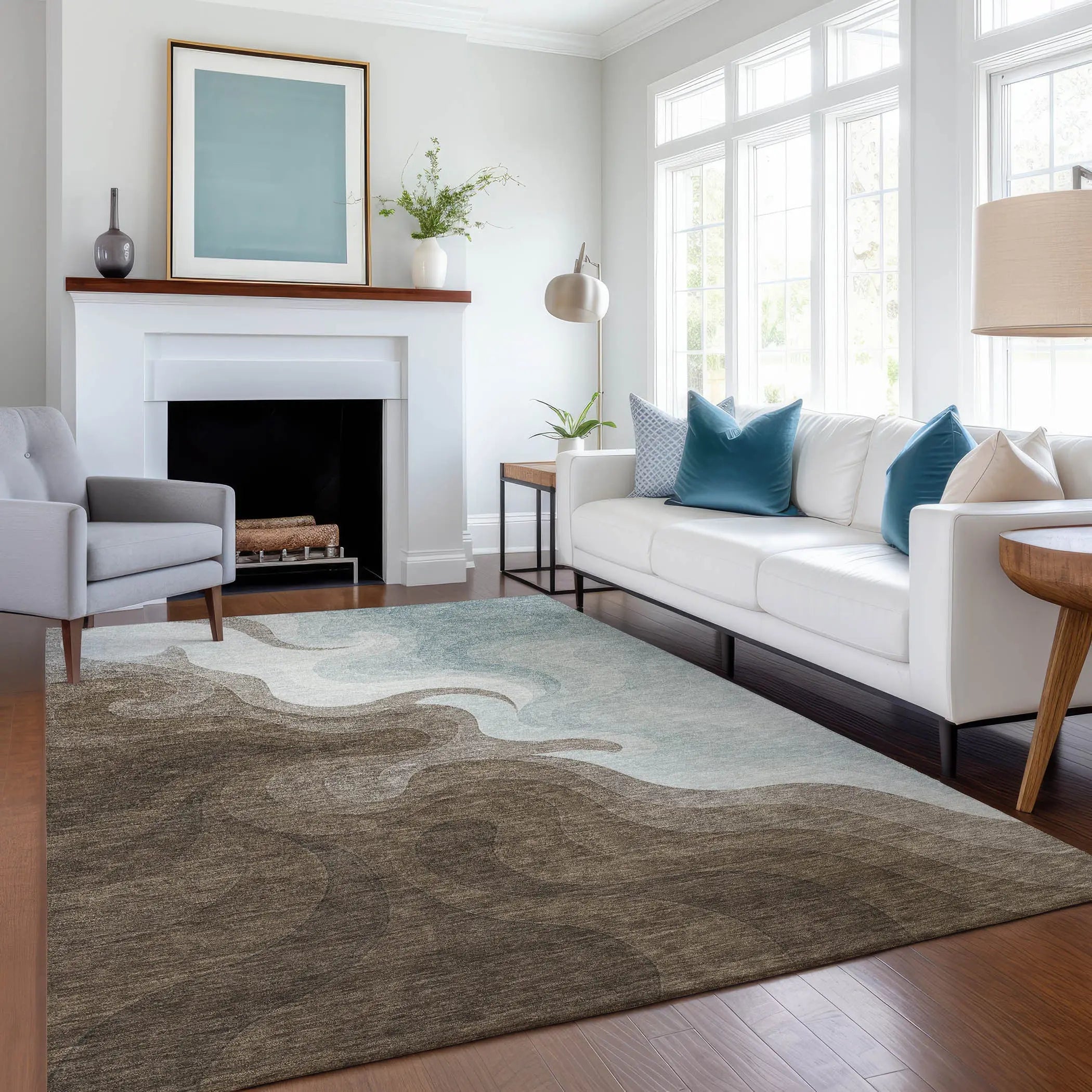 8' X 10' Chocolate And Sky Blue Abstract Washable Indoor Outdoor Area Rug Homeroots Outdoor
