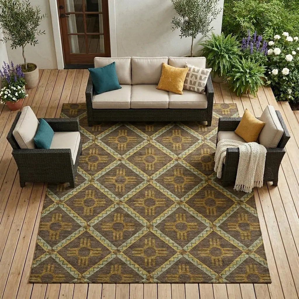 8' X 10' Chocolate And Taupe Geometric Washable Indoor Outdoor Area Rug Homeroots Outdoor