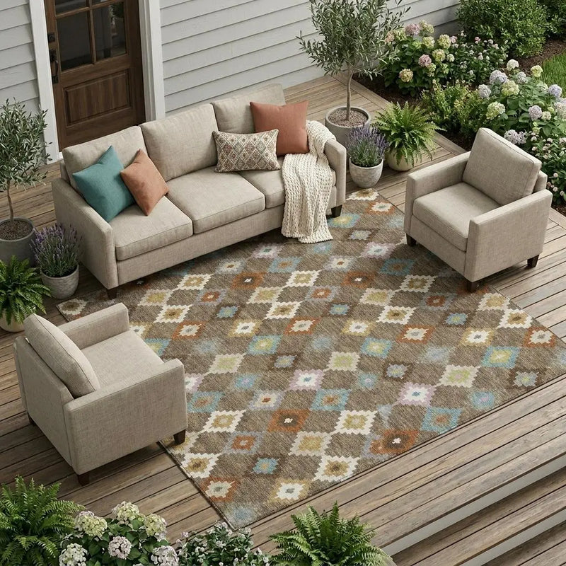 8' X 10' Chocolate And Teal Blue Aztec Washable Indoor Outdoor Area Rug Homeroots Outdoor