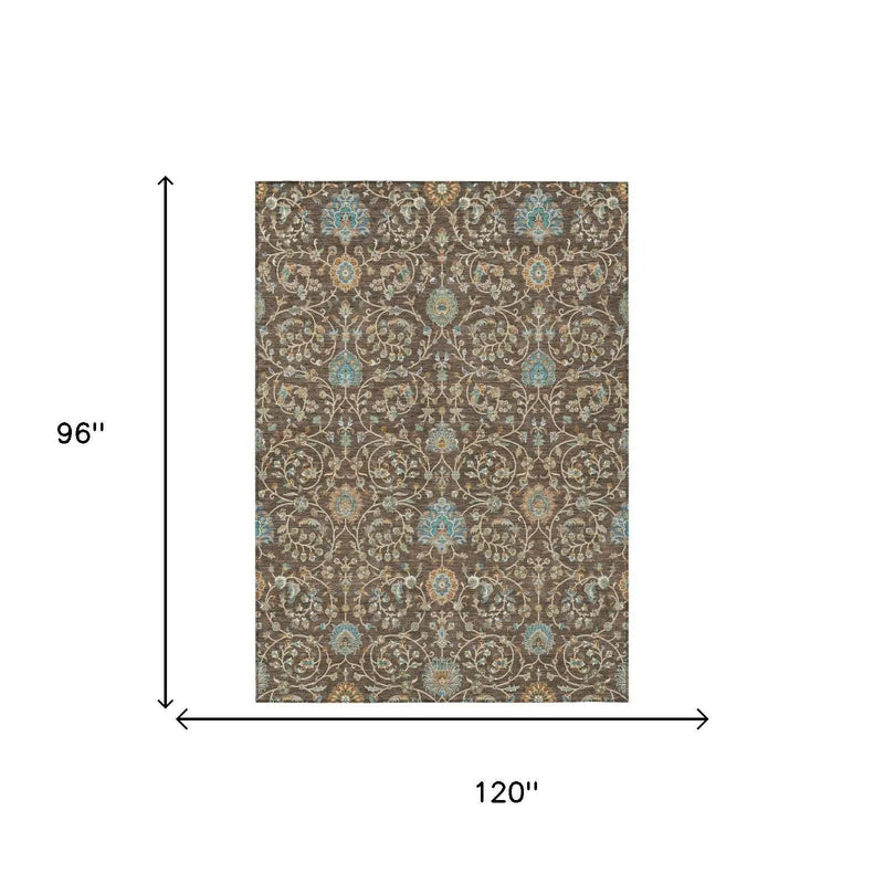 8' X 10' Coffee And Brown Floral Washable Indoor Outdoor Area Rug Homeroots Outdoor