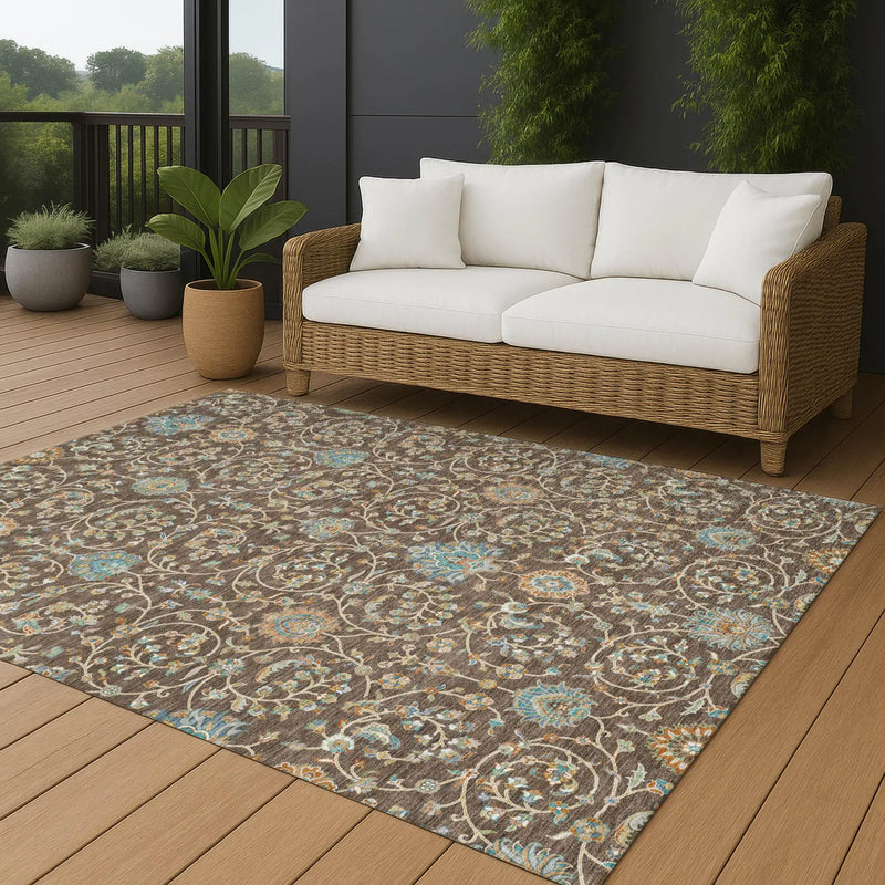 8' X 10' Coffee And Brown Floral Washable Indoor Outdoor Area Rug Homeroots Outdoor