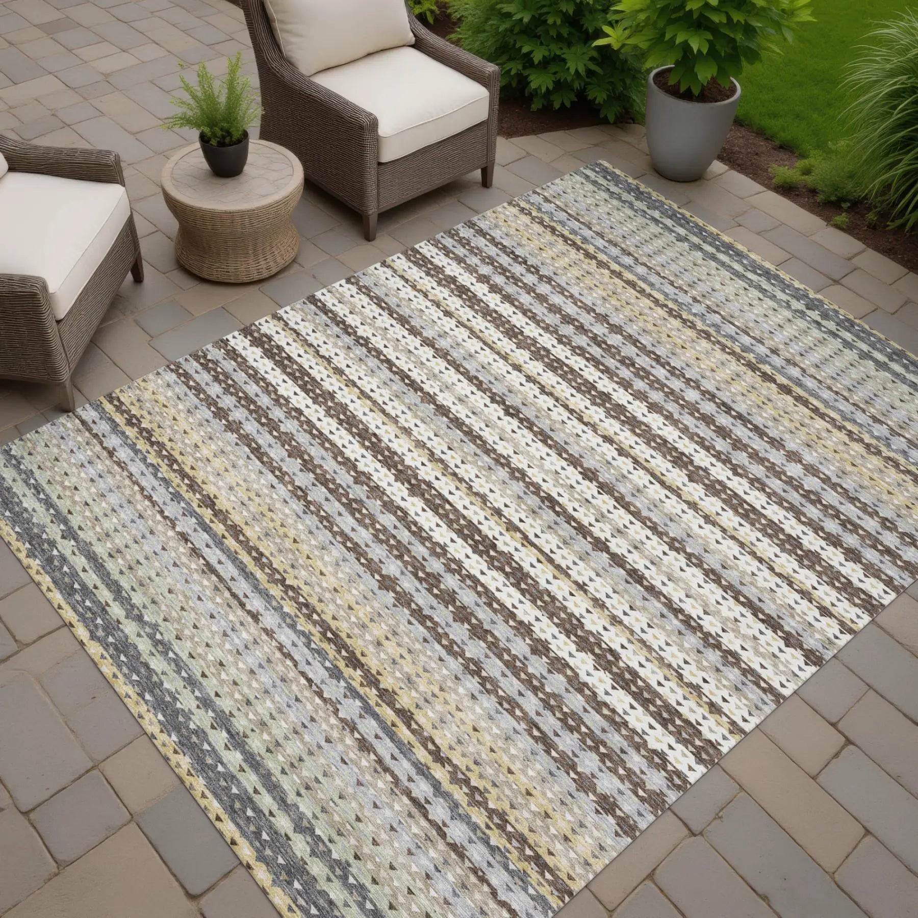 8' X 10' Coffee And Brown Striped Washable Indoor Outdoor Area Rug Homeroots Outdoor