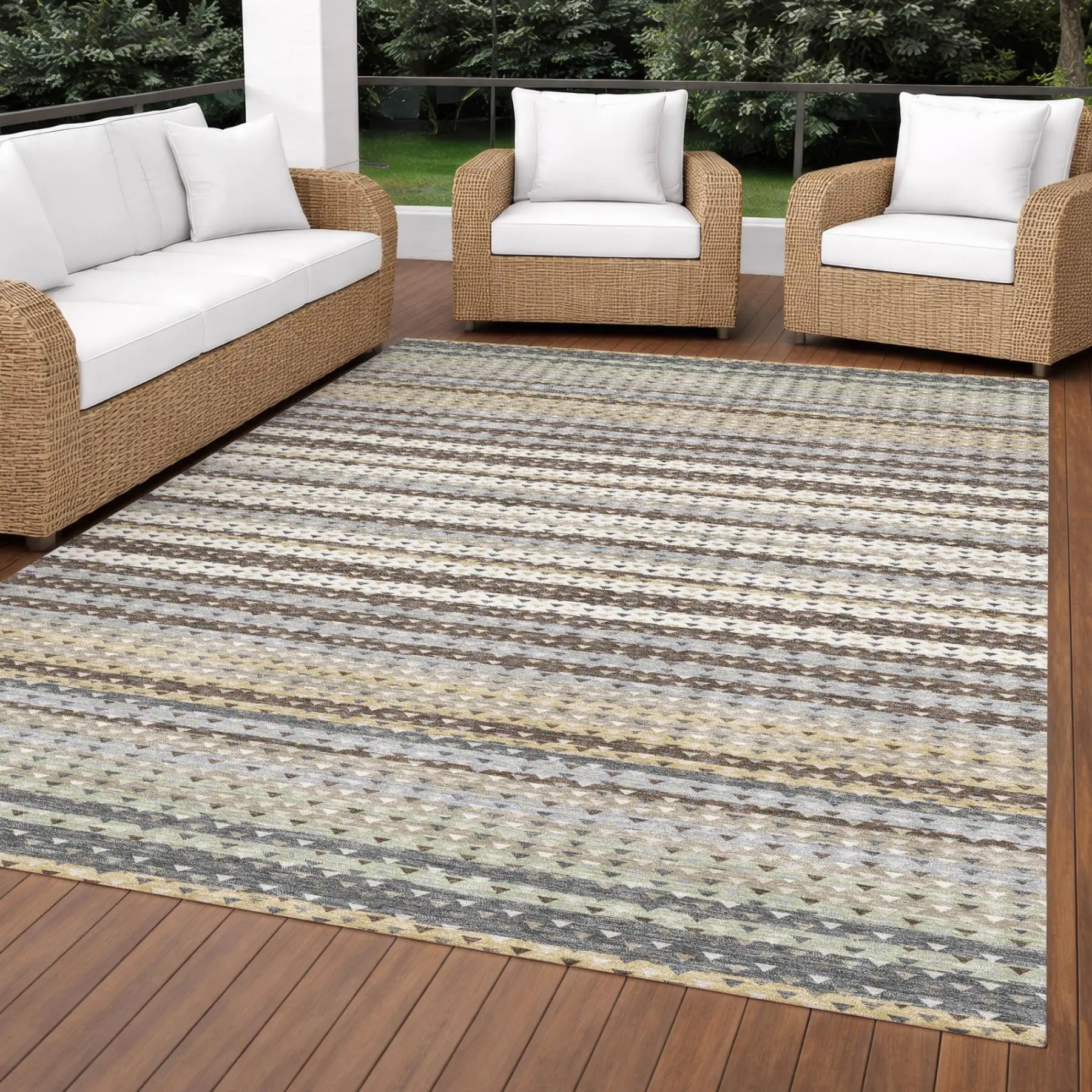 8' X 10' Coffee And Brown Striped Washable Indoor Outdoor Area Rug Homeroots Outdoor