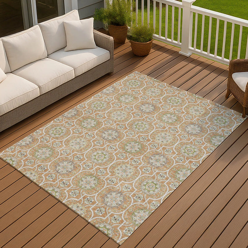 8' X 10' Copper And Beige Floral Medallion Washable Indoor Outdoor Area Rug Homeroots Outdoor