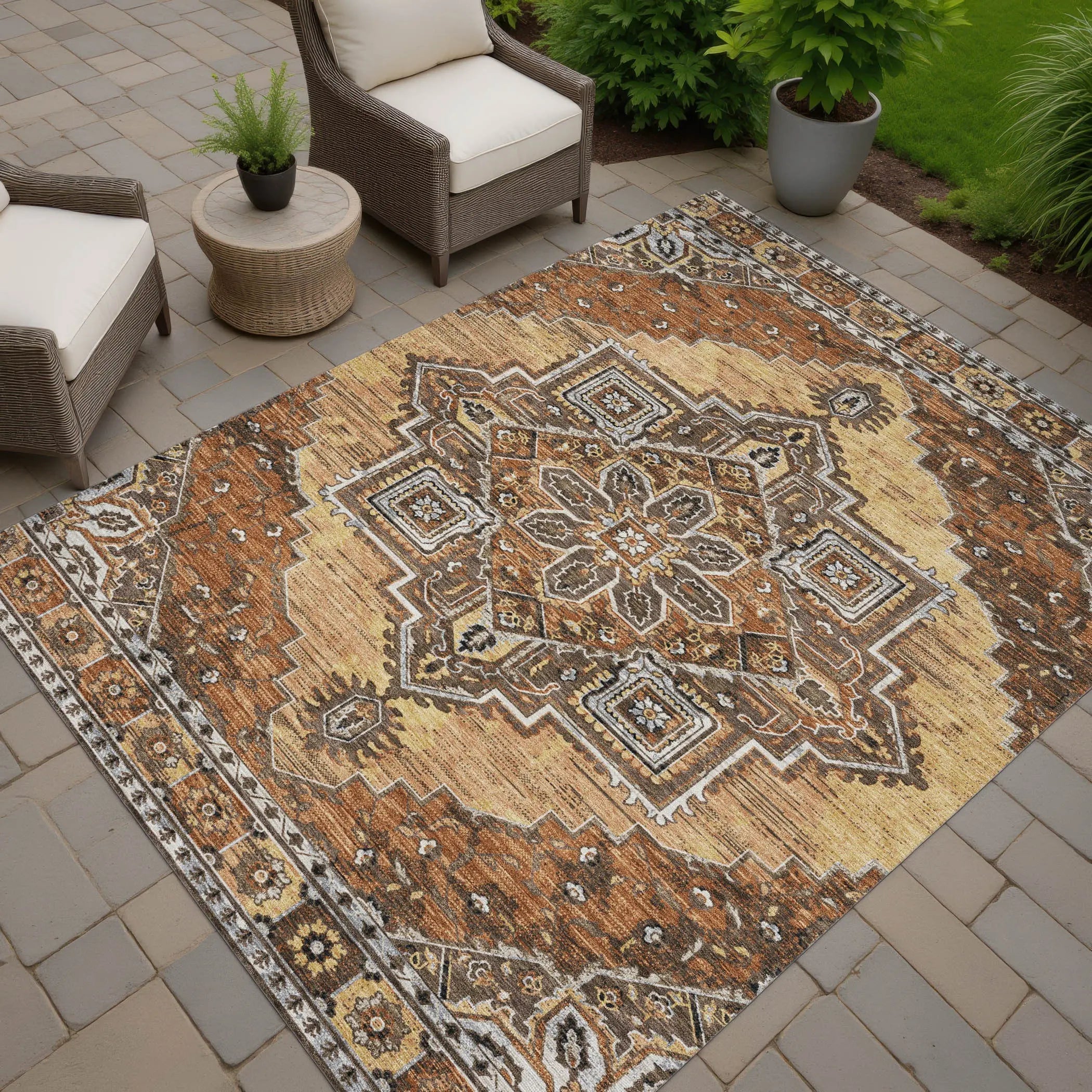 8' X 10' Copper And Beige Oriental Washable Indoor Outdoor Area Rug Homeroots Outdoor