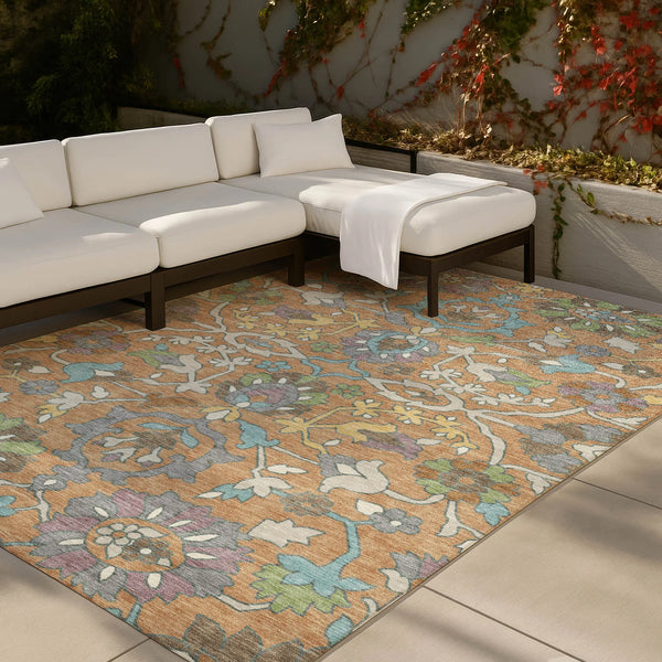 8' X 10' Copper And Blue Floral Washable Indoor Outdoor Area Rug Homeroots Outdoor